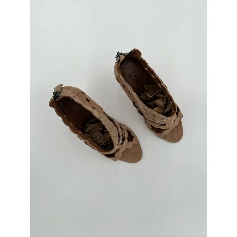 Alaia Paris Laser Cut Suede Booties Sandals Heels Nude Made in Italy 37.5